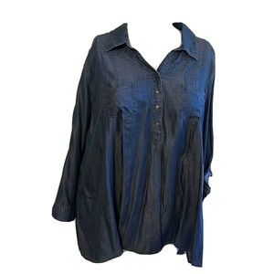 MULTIPLES Blue 1/4 Button Up Shirt Blouse Long Sleeve Women Size 3X V Neck
